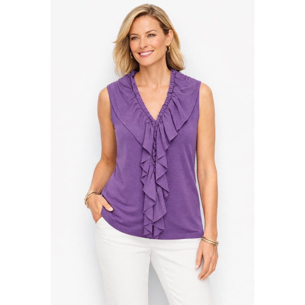 Nic + Zoe Ruffle V-Neck Top Sleeveless Silk Linen Blend Knit Purple Size M